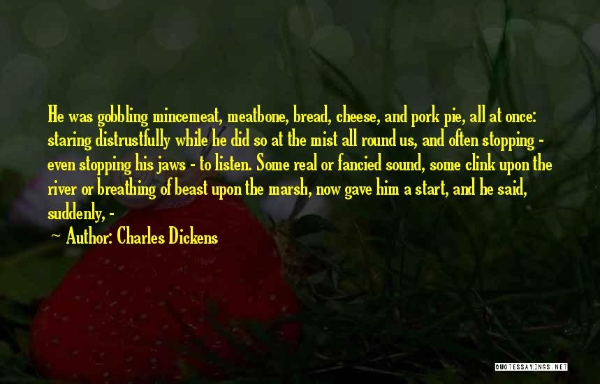 Charles Dickens Quotes: He Was Gobbling Mincemeat, Meatbone, Bread, Cheese, And Pork Pie, All At Once: Staring Distrustfully While He Did So At