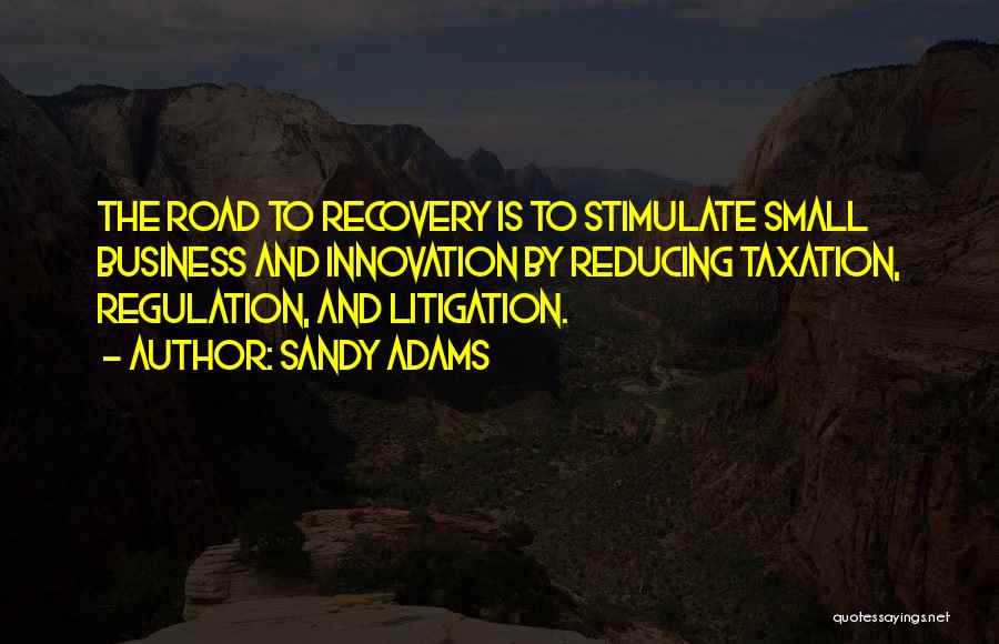 Sandy Adams Quotes: The Road To Recovery Is To Stimulate Small Business And Innovation By Reducing Taxation, Regulation, And Litigation.