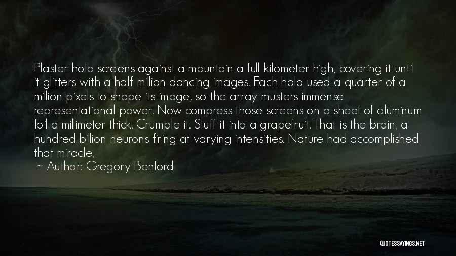 Gregory Benford Quotes: Plaster Holo Screens Against A Mountain A Full Kilometer High, Covering It Until It Glitters With A Half Million Dancing