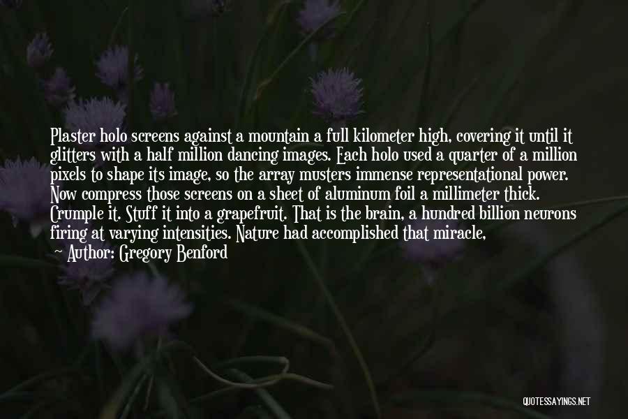 Gregory Benford Quotes: Plaster Holo Screens Against A Mountain A Full Kilometer High, Covering It Until It Glitters With A Half Million Dancing