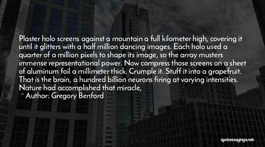 Gregory Benford Quotes: Plaster Holo Screens Against A Mountain A Full Kilometer High, Covering It Until It Glitters With A Half Million Dancing