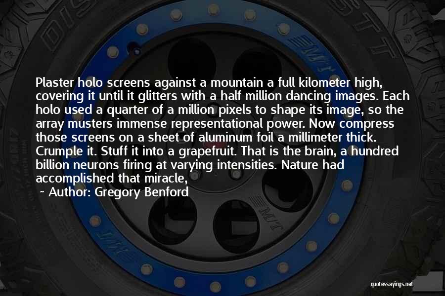 Gregory Benford Quotes: Plaster Holo Screens Against A Mountain A Full Kilometer High, Covering It Until It Glitters With A Half Million Dancing