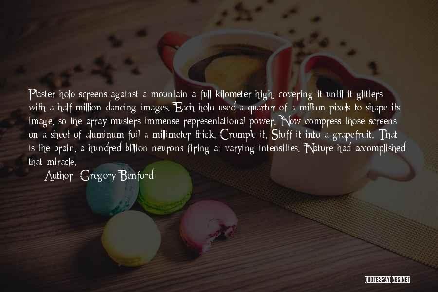 Gregory Benford Quotes: Plaster Holo Screens Against A Mountain A Full Kilometer High, Covering It Until It Glitters With A Half Million Dancing