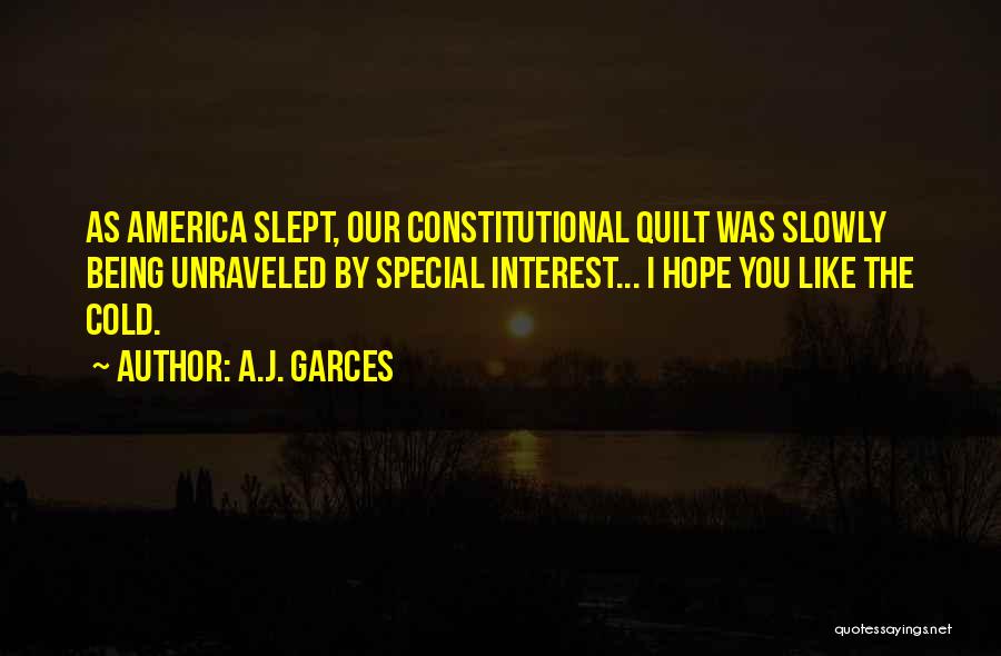 A.J. Garces Quotes: As America Slept, Our Constitutional Quilt Was Slowly Being Unraveled By Special Interest... I Hope You Like The Cold.