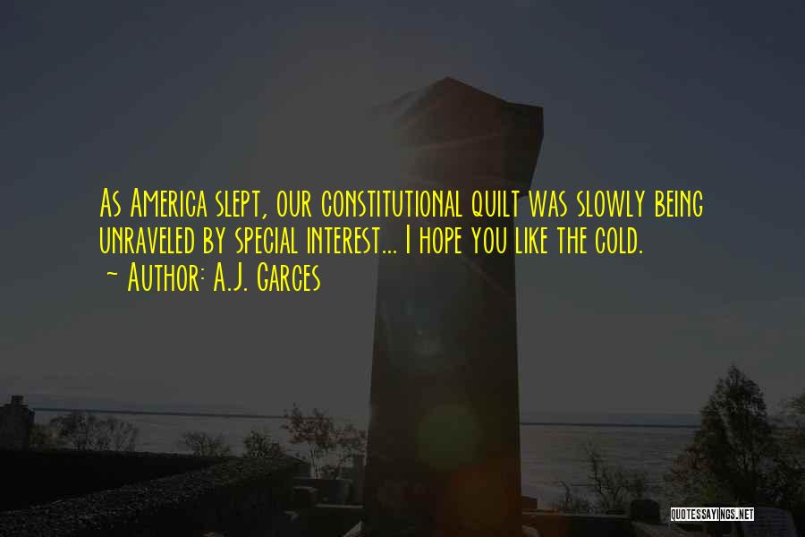 A.J. Garces Quotes: As America Slept, Our Constitutional Quilt Was Slowly Being Unraveled By Special Interest... I Hope You Like The Cold.
