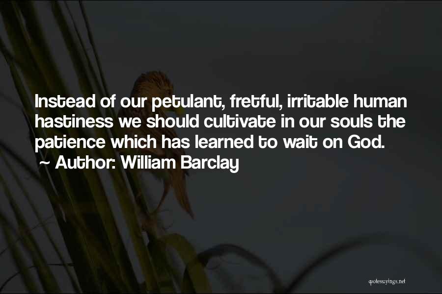 William Barclay Quotes: Instead Of Our Petulant, Fretful, Irritable Human Hastiness We Should Cultivate In Our Souls The Patience Which Has Learned To