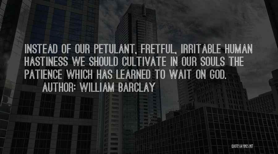 William Barclay Quotes: Instead Of Our Petulant, Fretful, Irritable Human Hastiness We Should Cultivate In Our Souls The Patience Which Has Learned To
