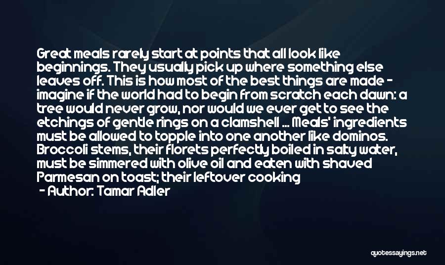 Tamar Adler Quotes: Great Meals Rarely Start At Points That All Look Like Beginnings. They Usually Pick Up Where Something Else Leaves Off.