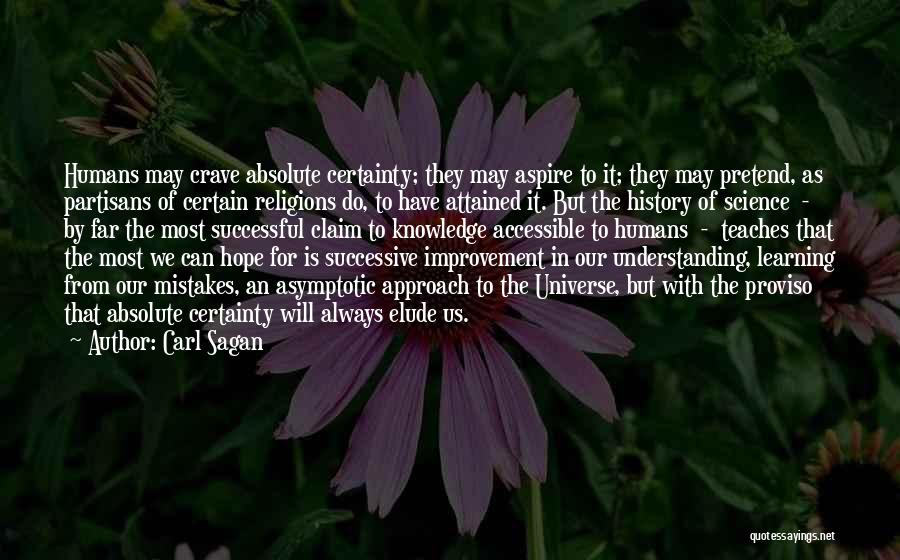 Carl Sagan Quotes: Humans May Crave Absolute Certainty; They May Aspire To It; They May Pretend, As Partisans Of Certain Religions Do, To