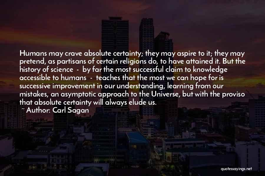 Carl Sagan Quotes: Humans May Crave Absolute Certainty; They May Aspire To It; They May Pretend, As Partisans Of Certain Religions Do, To
