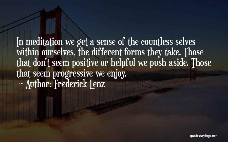 Frederick Lenz Quotes: In Meditation We Get A Sense Of The Countless Selves Within Ourselves, The Different Forms They Take. Those That Don't