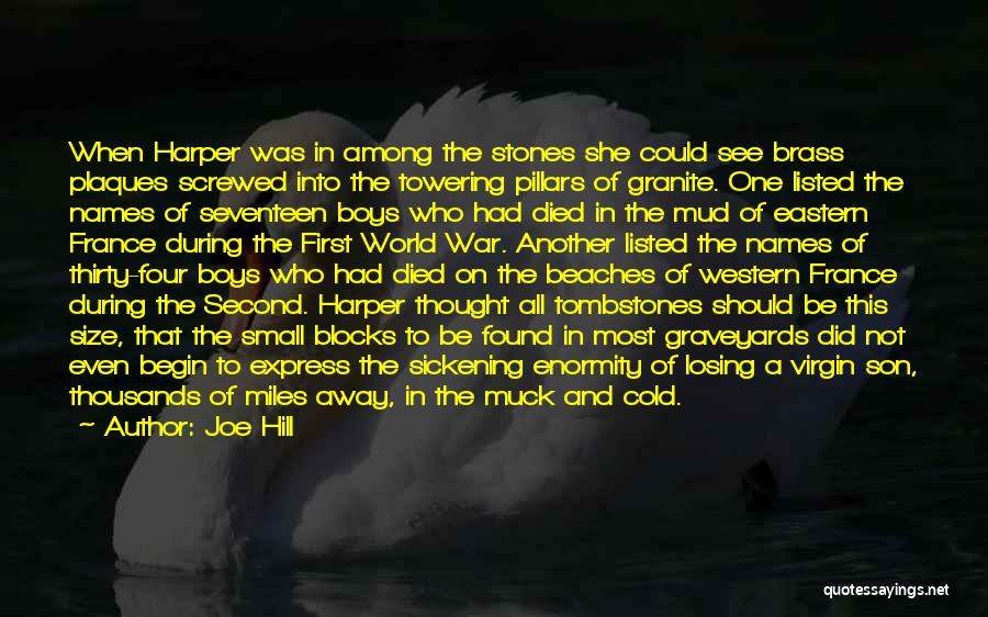 Joe Hill Quotes: When Harper Was In Among The Stones She Could See Brass Plaques Screwed Into The Towering Pillars Of Granite. One