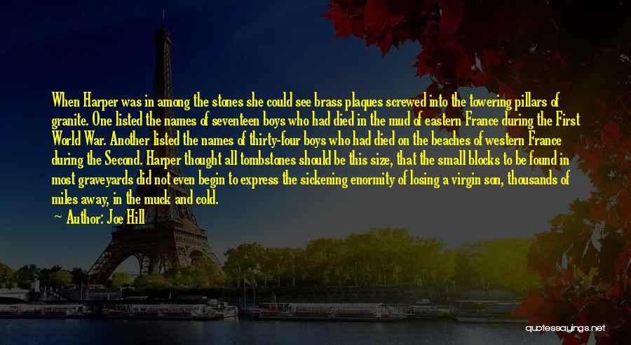 Joe Hill Quotes: When Harper Was In Among The Stones She Could See Brass Plaques Screwed Into The Towering Pillars Of Granite. One