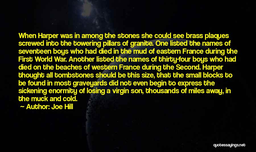 Joe Hill Quotes: When Harper Was In Among The Stones She Could See Brass Plaques Screwed Into The Towering Pillars Of Granite. One