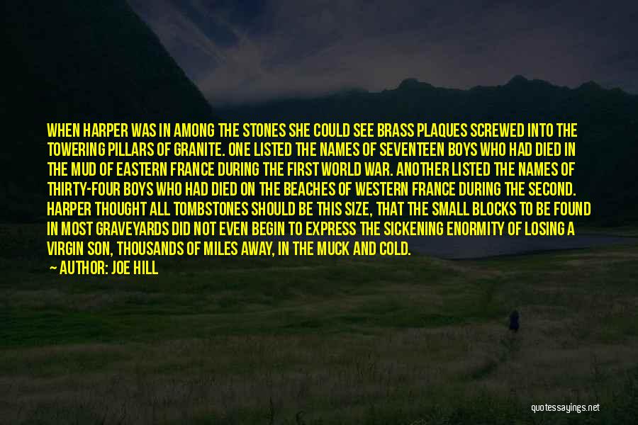 Joe Hill Quotes: When Harper Was In Among The Stones She Could See Brass Plaques Screwed Into The Towering Pillars Of Granite. One