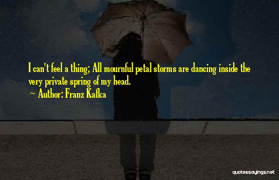 Franz Kafka Quotes: I Can't Feel A Thing; All Mournful Petal Storms Are Dancing Inside The Very Private Spring Of My Head.