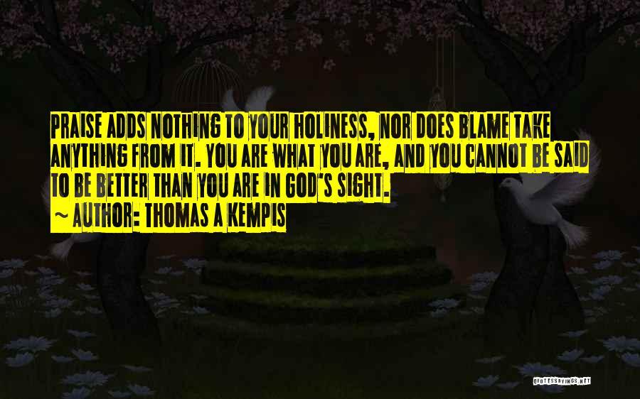 Thomas A Kempis Quotes: Praise Adds Nothing To Your Holiness, Nor Does Blame Take Anything From It. You Are What You Are, And You