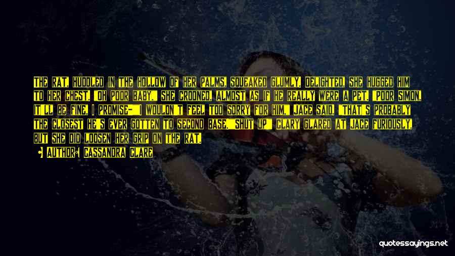 Cassandra Clare Quotes: The Rat, Huddled In The Hollow Of Her Palms, Squeaked Glumly. Delighted, She Hugged Him To Her Chest. Oh Poor