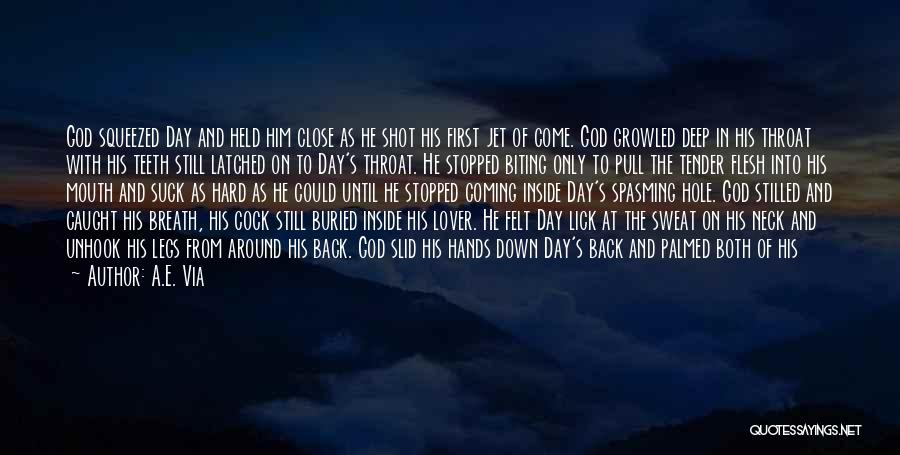 A.E. Via Quotes: God Squeezed Day And Held Him Close As He Shot His First Jet Of Come. God Growled Deep In His