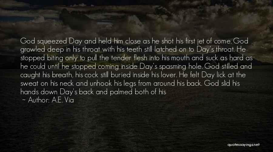 A.E. Via Quotes: God Squeezed Day And Held Him Close As He Shot His First Jet Of Come. God Growled Deep In His