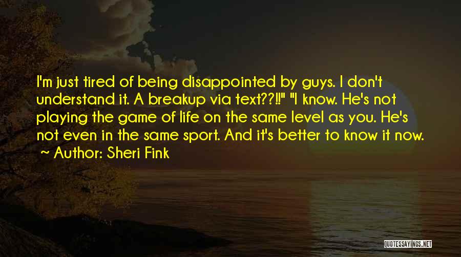 Sheri Fink Quotes: I'm Just Tired Of Being Disappointed By Guys. I Don't Understand It. A Breakup Via Text??!! I Know. He's Not