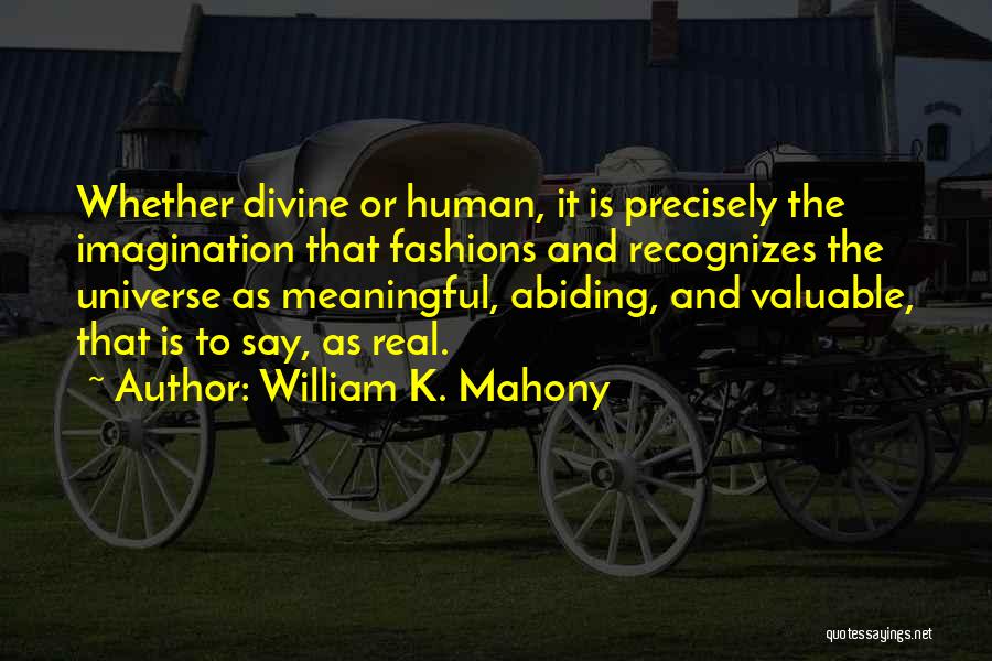 William K. Mahony Quotes: Whether Divine Or Human, It Is Precisely The Imagination That Fashions And Recognizes The Universe As Meaningful, Abiding, And Valuable,