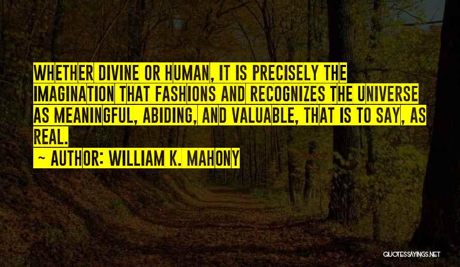 William K. Mahony Quotes: Whether Divine Or Human, It Is Precisely The Imagination That Fashions And Recognizes The Universe As Meaningful, Abiding, And Valuable,