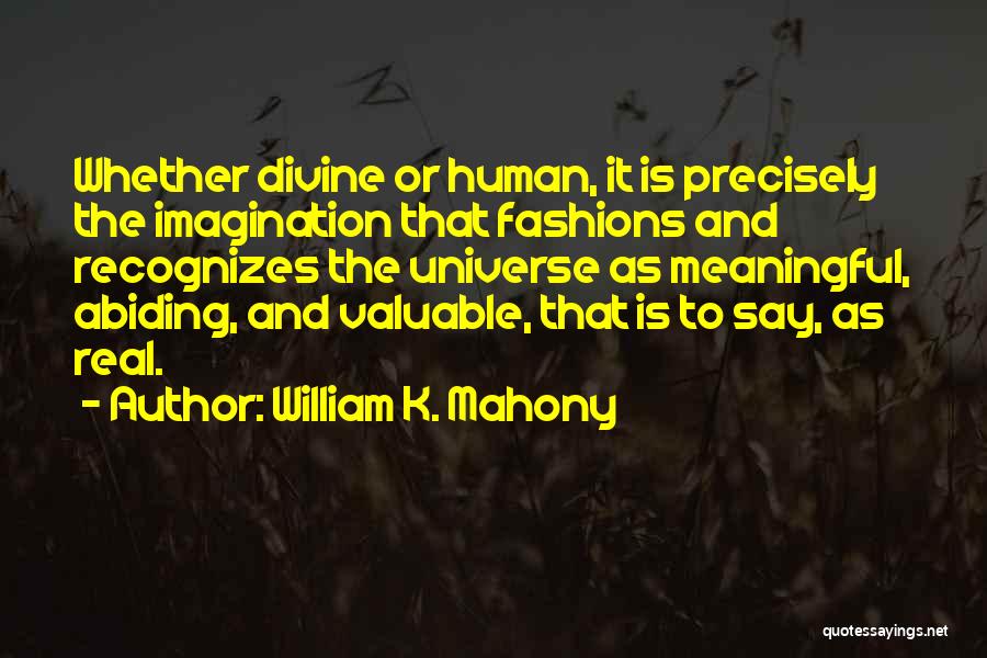 William K. Mahony Quotes: Whether Divine Or Human, It Is Precisely The Imagination That Fashions And Recognizes The Universe As Meaningful, Abiding, And Valuable,