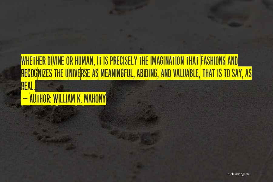 William K. Mahony Quotes: Whether Divine Or Human, It Is Precisely The Imagination That Fashions And Recognizes The Universe As Meaningful, Abiding, And Valuable,