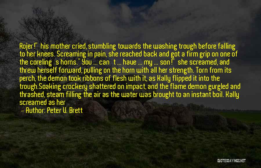 Peter V. Brett Quotes: Rojer! His Mother Cried, Stumbling Towards The Washing Trough Before Falling To Her Knees. Screaming In Pain, She Reached Back