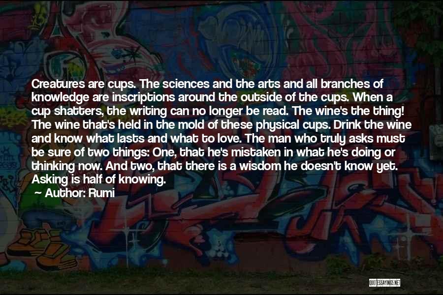 Rumi Quotes: Creatures Are Cups. The Sciences And The Arts And All Branches Of Knowledge Are Inscriptions Around The Outside Of The