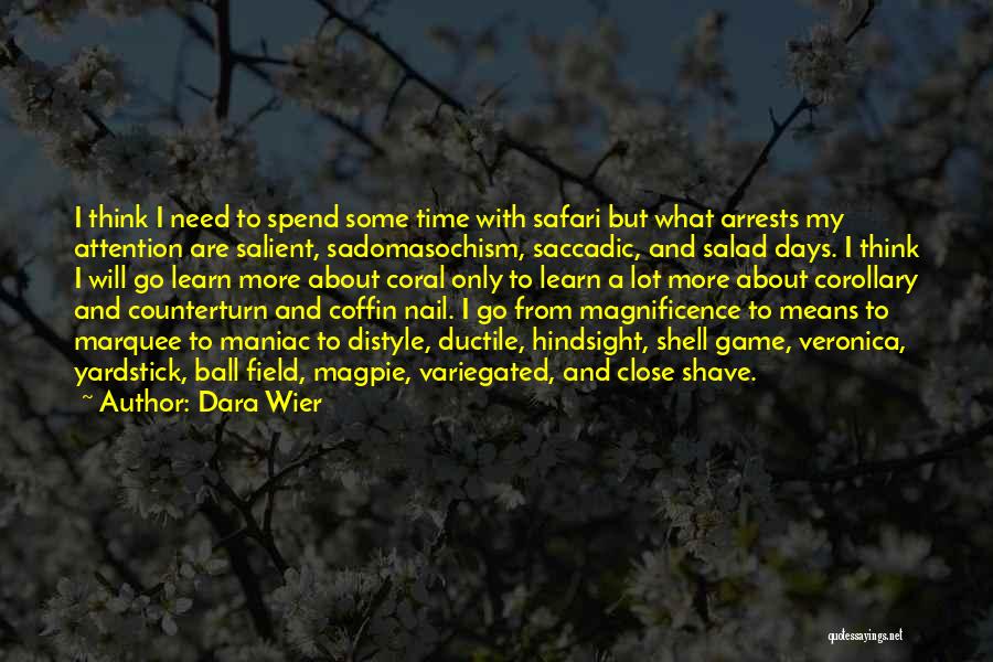 Dara Wier Quotes: I Think I Need To Spend Some Time With Safari But What Arrests My Attention Are Salient, Sadomasochism, Saccadic, And