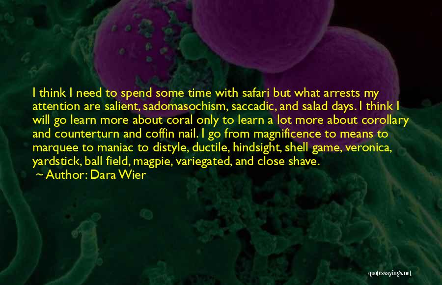 Dara Wier Quotes: I Think I Need To Spend Some Time With Safari But What Arrests My Attention Are Salient, Sadomasochism, Saccadic, And