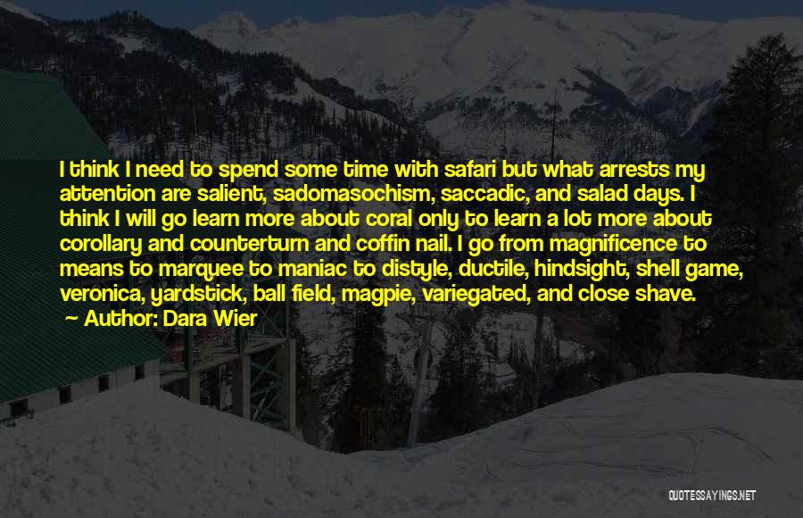 Dara Wier Quotes: I Think I Need To Spend Some Time With Safari But What Arrests My Attention Are Salient, Sadomasochism, Saccadic, And