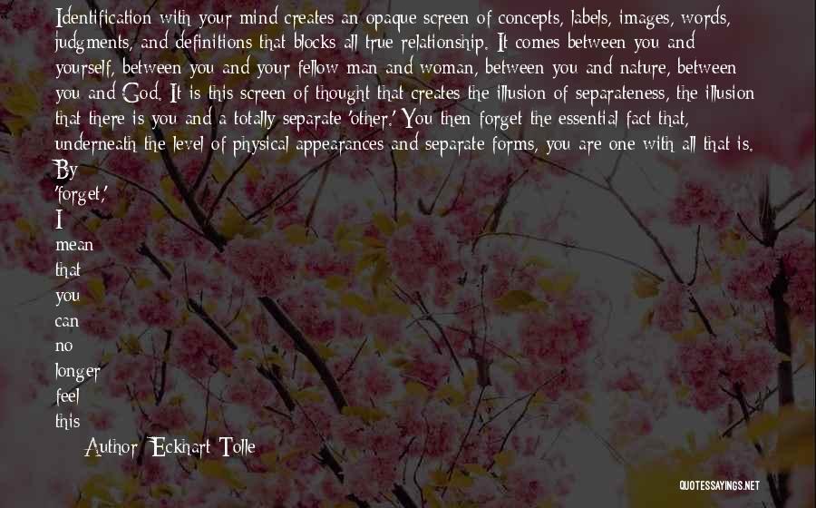 Eckhart Tolle Quotes: Identification With Your Mind Creates An Opaque Screen Of Concepts, Labels, Images, Words, Judgments, And Definitions That Blocks All True