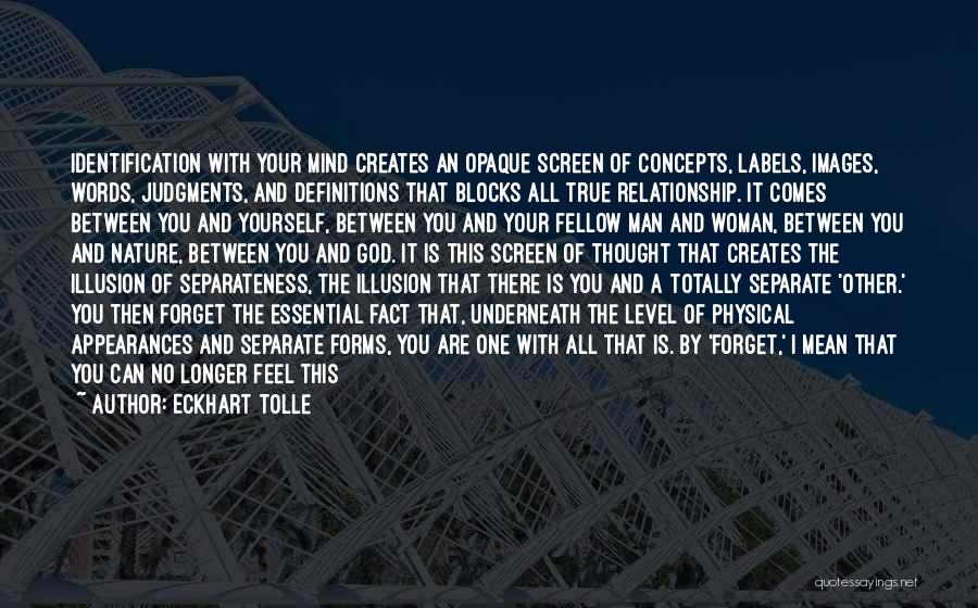 Eckhart Tolle Quotes: Identification With Your Mind Creates An Opaque Screen Of Concepts, Labels, Images, Words, Judgments, And Definitions That Blocks All True