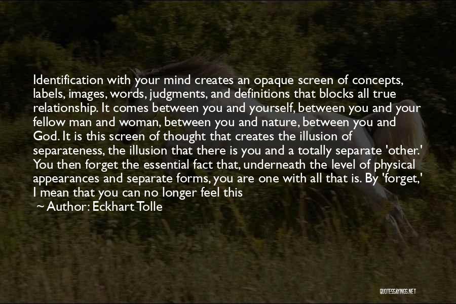 Eckhart Tolle Quotes: Identification With Your Mind Creates An Opaque Screen Of Concepts, Labels, Images, Words, Judgments, And Definitions That Blocks All True