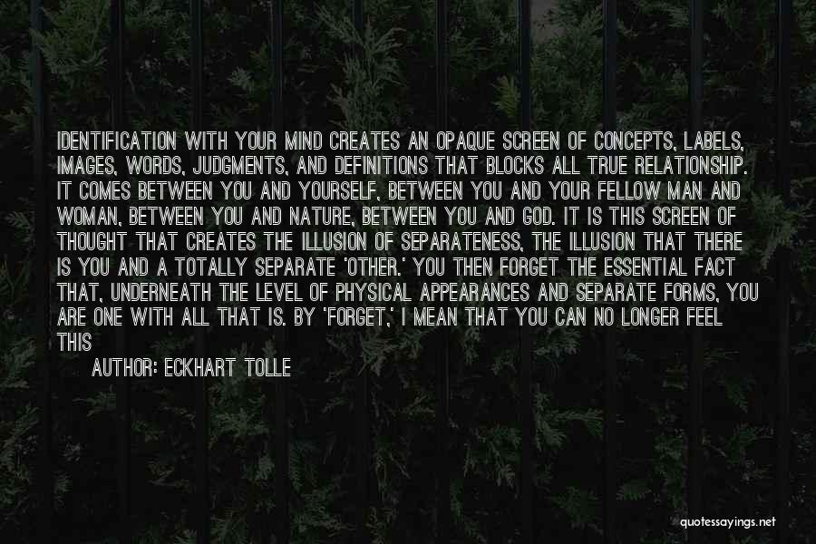 Eckhart Tolle Quotes: Identification With Your Mind Creates An Opaque Screen Of Concepts, Labels, Images, Words, Judgments, And Definitions That Blocks All True