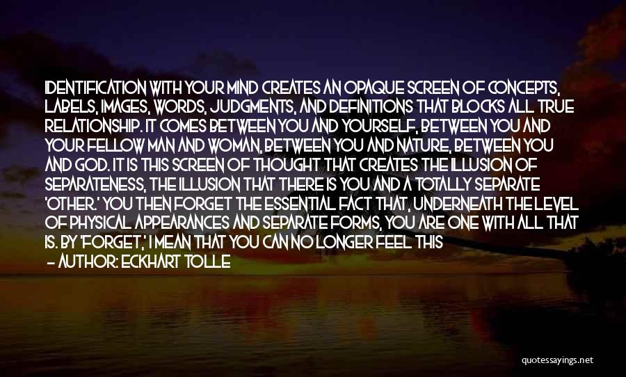 Eckhart Tolle Quotes: Identification With Your Mind Creates An Opaque Screen Of Concepts, Labels, Images, Words, Judgments, And Definitions That Blocks All True