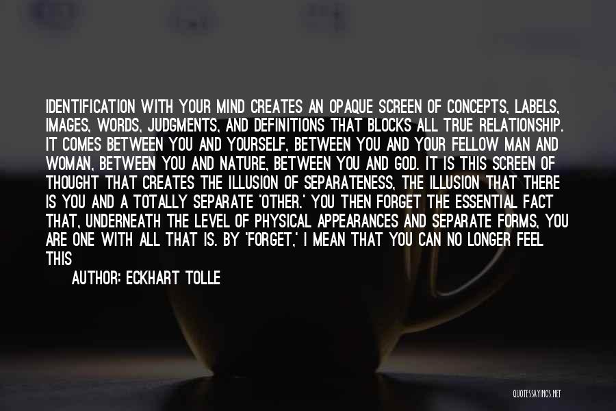 Eckhart Tolle Quotes: Identification With Your Mind Creates An Opaque Screen Of Concepts, Labels, Images, Words, Judgments, And Definitions That Blocks All True