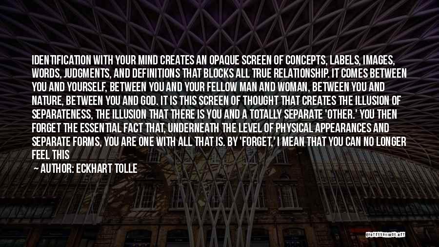 Eckhart Tolle Quotes: Identification With Your Mind Creates An Opaque Screen Of Concepts, Labels, Images, Words, Judgments, And Definitions That Blocks All True