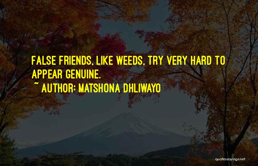 Matshona Dhliwayo Quotes: False Friends, Like Weeds, Try Very Hard To Appear Genuine.
