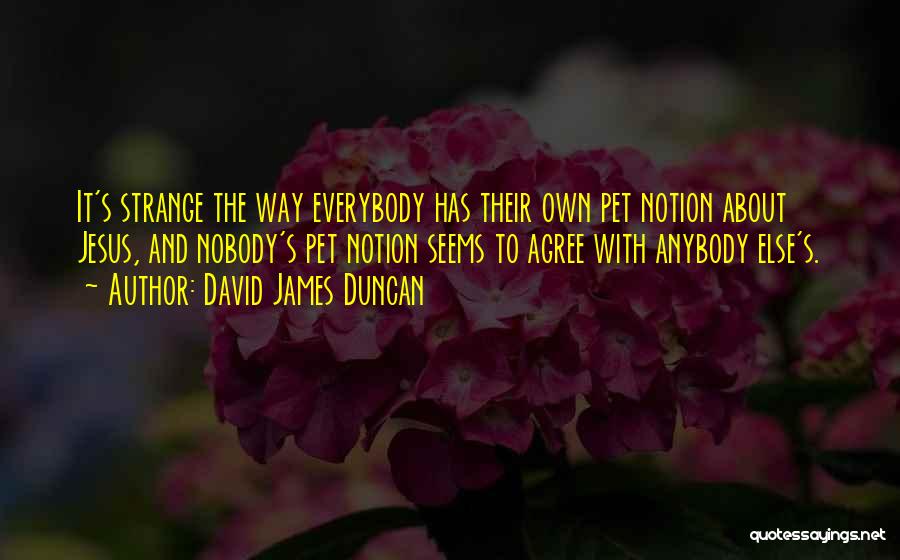 David James Duncan Quotes: It's Strange The Way Everybody Has Their Own Pet Notion About Jesus, And Nobody's Pet Notion Seems To Agree With