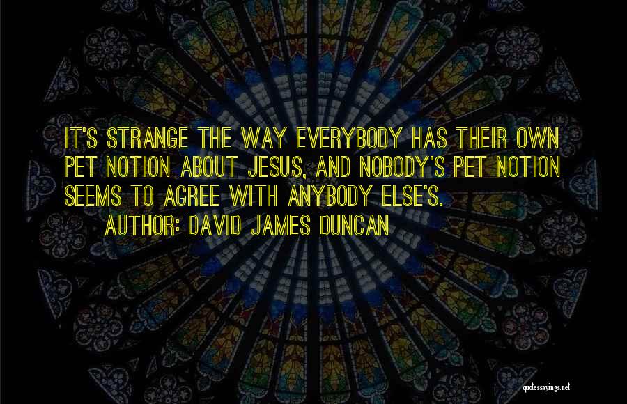 David James Duncan Quotes: It's Strange The Way Everybody Has Their Own Pet Notion About Jesus, And Nobody's Pet Notion Seems To Agree With