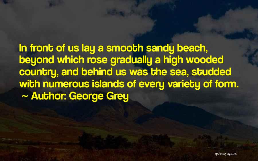 George Grey Quotes: In Front Of Us Lay A Smooth Sandy Beach, Beyond Which Rose Gradually A High Wooded Country, And Behind Us