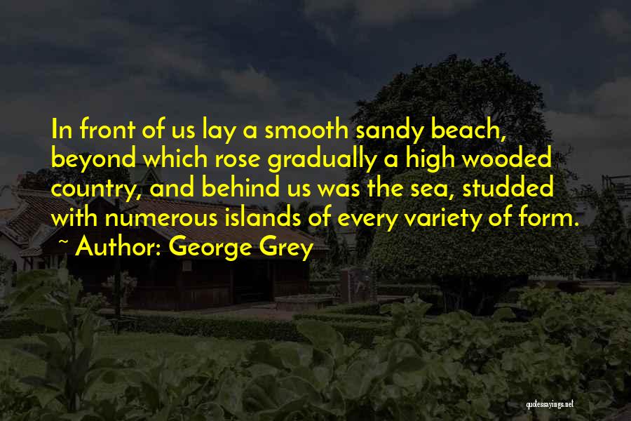 George Grey Quotes: In Front Of Us Lay A Smooth Sandy Beach, Beyond Which Rose Gradually A High Wooded Country, And Behind Us