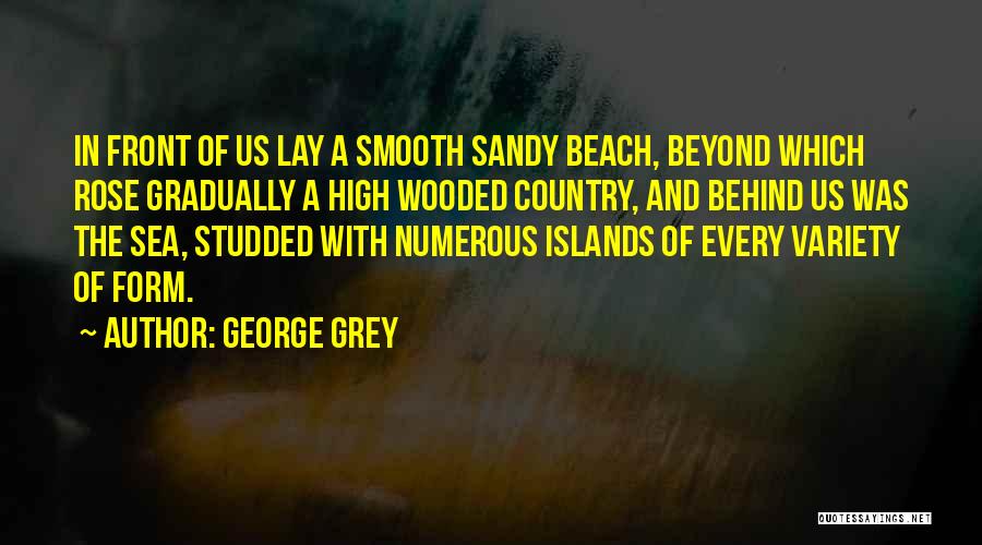 George Grey Quotes: In Front Of Us Lay A Smooth Sandy Beach, Beyond Which Rose Gradually A High Wooded Country, And Behind Us