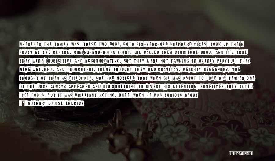 Louise Erdrich Quotes: Wherever The Family Was, These Two Dogs, Both Six-year-old Shepherd Mixes, Took Up Their Posts At The Central Coming-and-going Point.