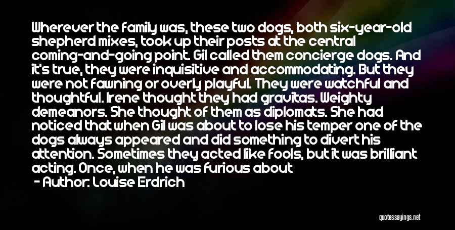 Louise Erdrich Quotes: Wherever The Family Was, These Two Dogs, Both Six-year-old Shepherd Mixes, Took Up Their Posts At The Central Coming-and-going Point.