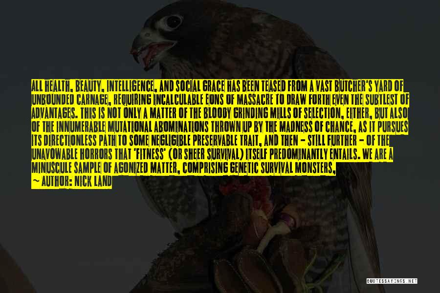 Nick Land Quotes: All Health, Beauty, Intelligence, And Social Grace Has Been Teased From A Vast Butcher's Yard Of Unbounded Carnage, Requiring Incalculable